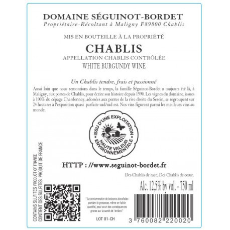Domaine Séguinot-Bordet Chablis blanc sec 2018 contre etiquette