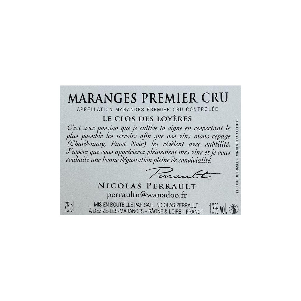 Domaine Nicolas Perrault Maranges 1er Cru "Le Clos des Loyeres " rouge 2017 contre etiquette