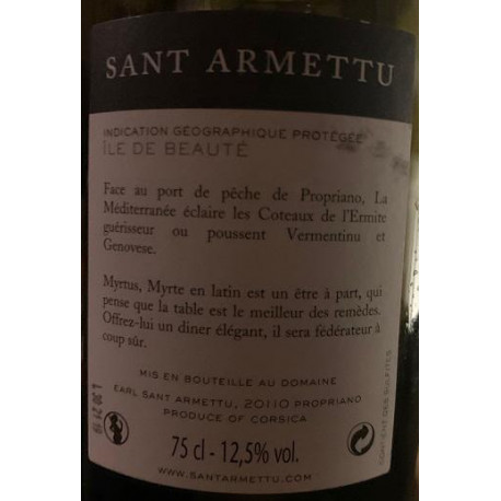 Domaine Sant Armettu Myrtus blanc sec 2018 contre etiquette