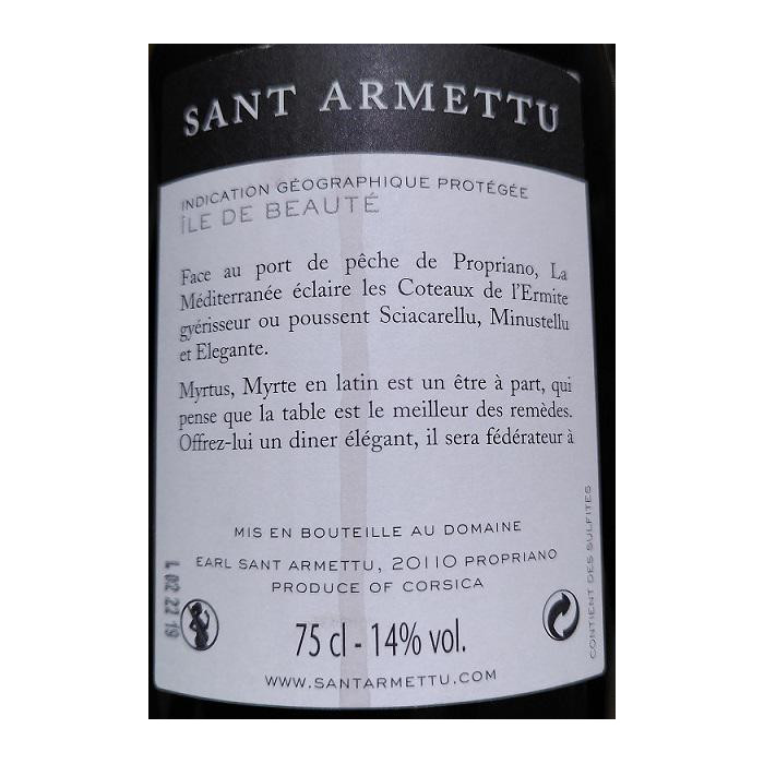 Domaine Sant Armettu Myrtus rouge 2017 contre etiquette