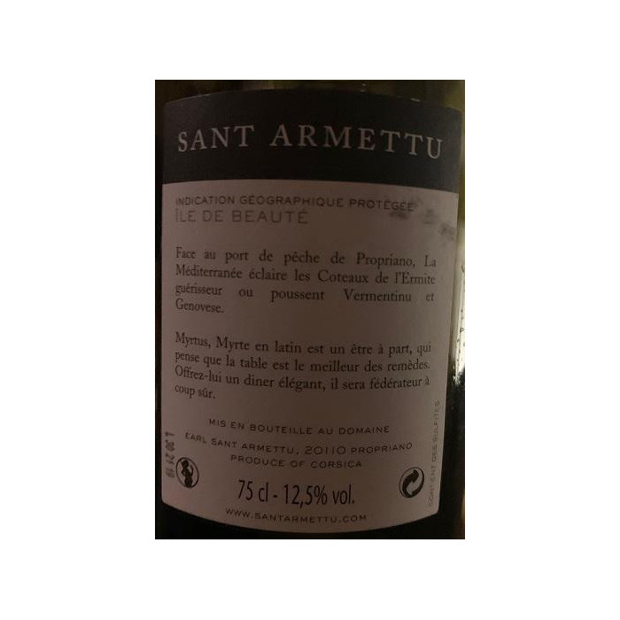 Domaine Sant Armettu Myrtus blanc sec 2018 contre etiquette