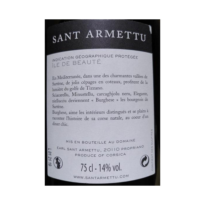 Domaine Sant Armettu IGP Burghese rouge 2017 contre etiquette