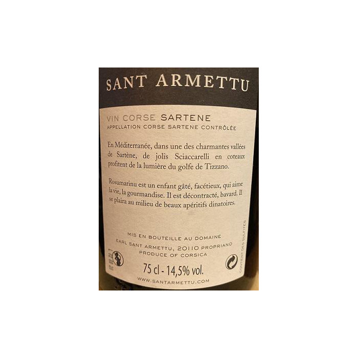 Domaine Sant Armettu Sartene Rosumarinu rouge 2019 contre etiquette