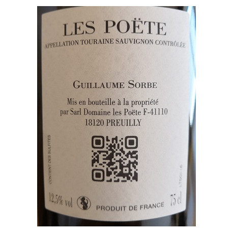 Domaine Les Poete Touraine "Le S" sauvignon blanc sec 2018 contre etiquette