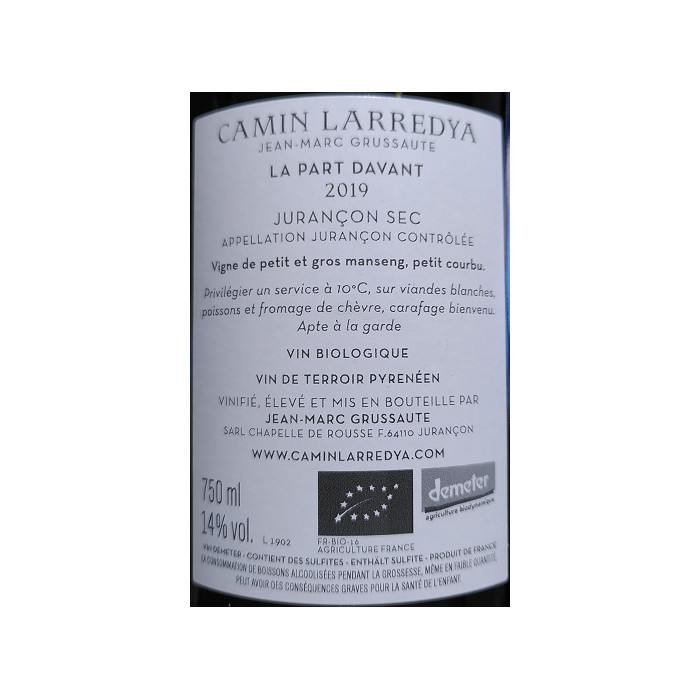 Domaine Camin Larredya Jurançon sec "La Part Davant" 2019 contre etiquette