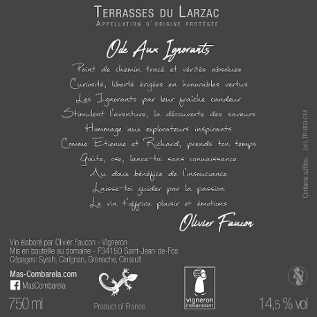 Mas Combarèla Terrasses du Larzac "Ode aux Ignorants" rouge 2018 contr etiquette