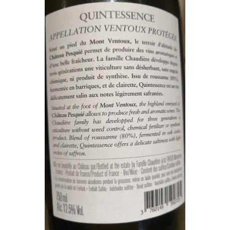 Chateau Pesquie Ventoux "Quintessence" blanc 2019 contre etiquetteouteille