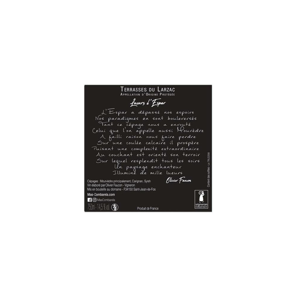 Mas Combarèla Terrasses du Larzac "Lueurs d'Espar" rouge 2018 contre etiquette