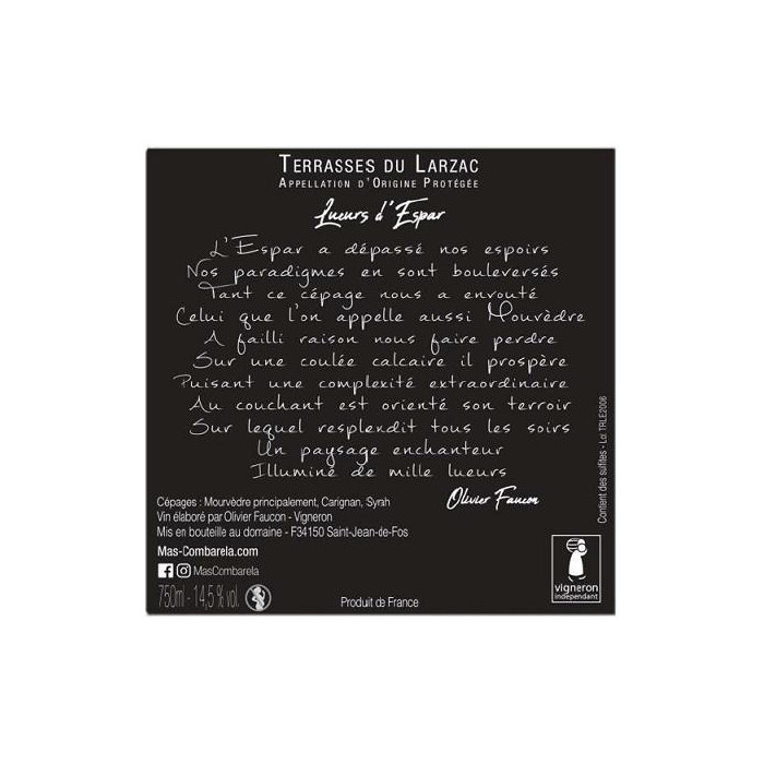 Mas Combarèla Terrasses du Larzac "Lueurs d'Espar" rouge 2018 contre etiquette