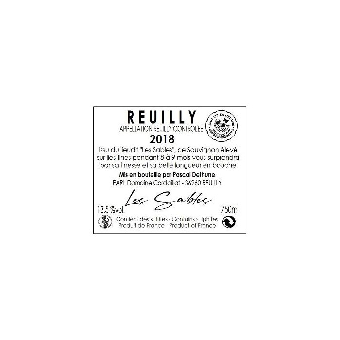 Domaine Cordaillat Reuilly "Les Sables" blanc sec 2018 contre etiquette