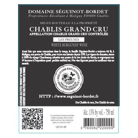 Domaine Séguinot-Bordet Chablis Grand Cru "Les Preuses" blanc sec 2019 contre etiquette