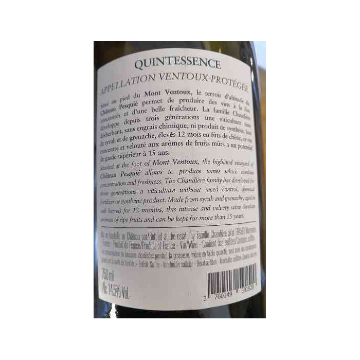 Chateau Pesquie Ventoux "Quintessence" rouge 2017 contre etiquette