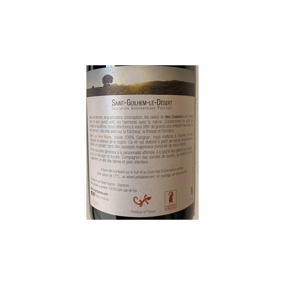 Mas Combarèla "Les Vieux Mazets" (carignan) rouge 2018 contre etiquette