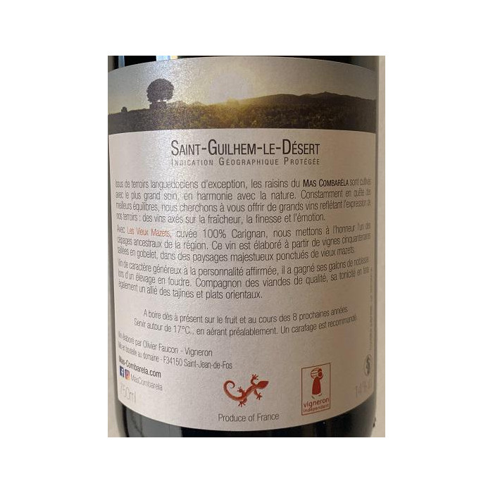 Mas Combarèla "Les Vieux Mazets" (carignan) rouge 2018 contre etiquette