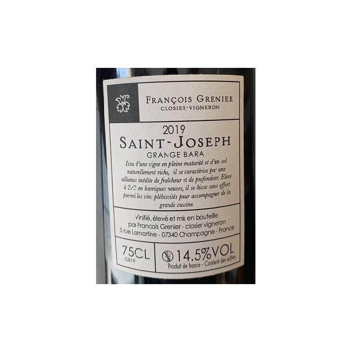 Domaine François Grenier Saint Joseph "Grange Bara" rouge 2019 contre etiquette