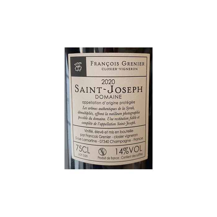 Domaine François Grenier Saint Joseph "Domaine" rouge 2020 contre etiquette