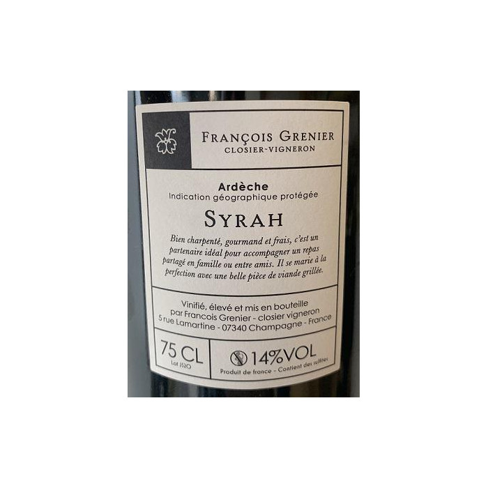 Domaine François Grenier Les Jardins (syrah) rouge 2020 contre etiquette