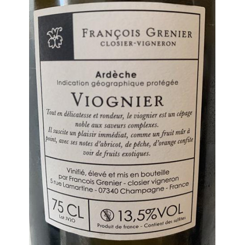 Domaine François Grenier Jardins (Viognier) blanc 2020, RHONE NORD, Vin ...