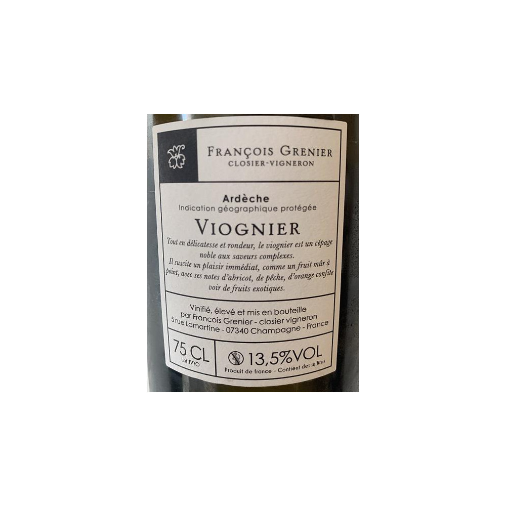 Domaine François Grenier Jardins (Viognier) blanc 2020 contre etiquette