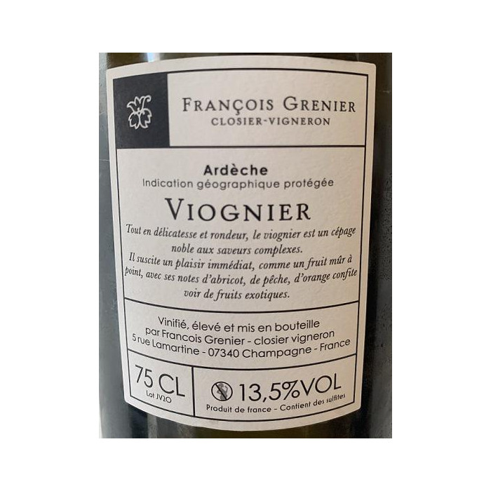Domaine François Grenier Jardins (Viognier) blanc 2020 contre etiquette