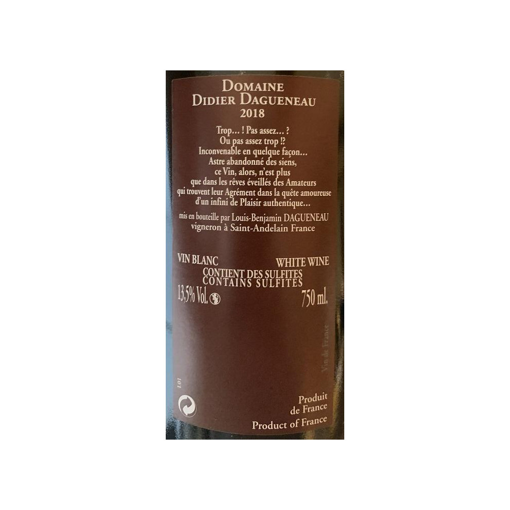Domaine Didier Dagueneau "Pur Sang" blanc sec 2018 contre etiquette