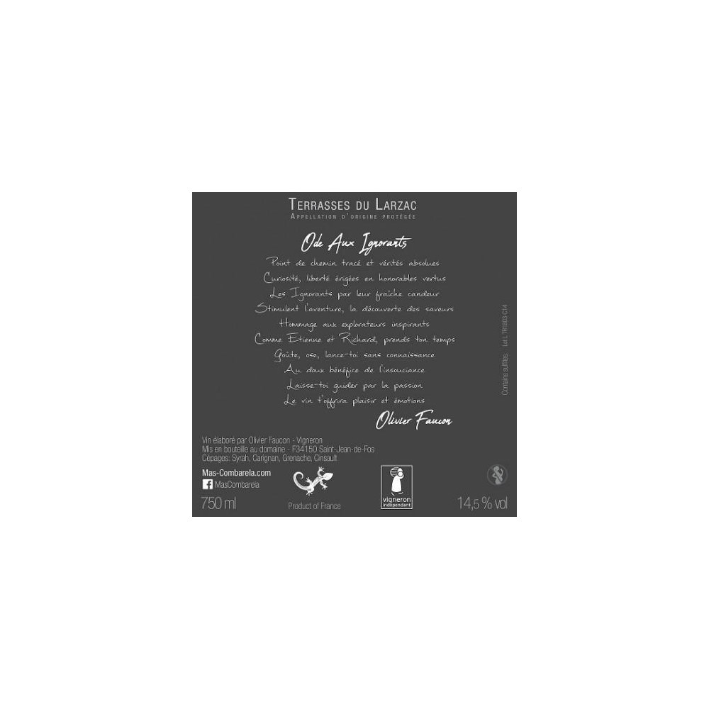 Mas Combarèla Terrasses du Larzac "Ode aux Ignorants" rouge 2018 contre etiquette