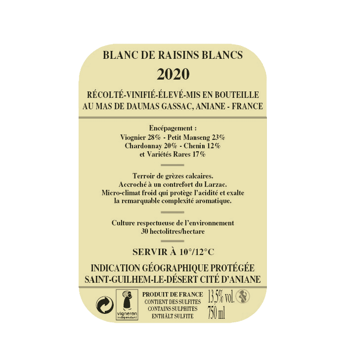 Mas de Daumas Gassac blanc 2020, LANGUEDOC, Vin en ligne | Likör