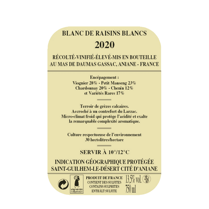 Mas de Daumas Gassac blanc 2020 contre etiquette