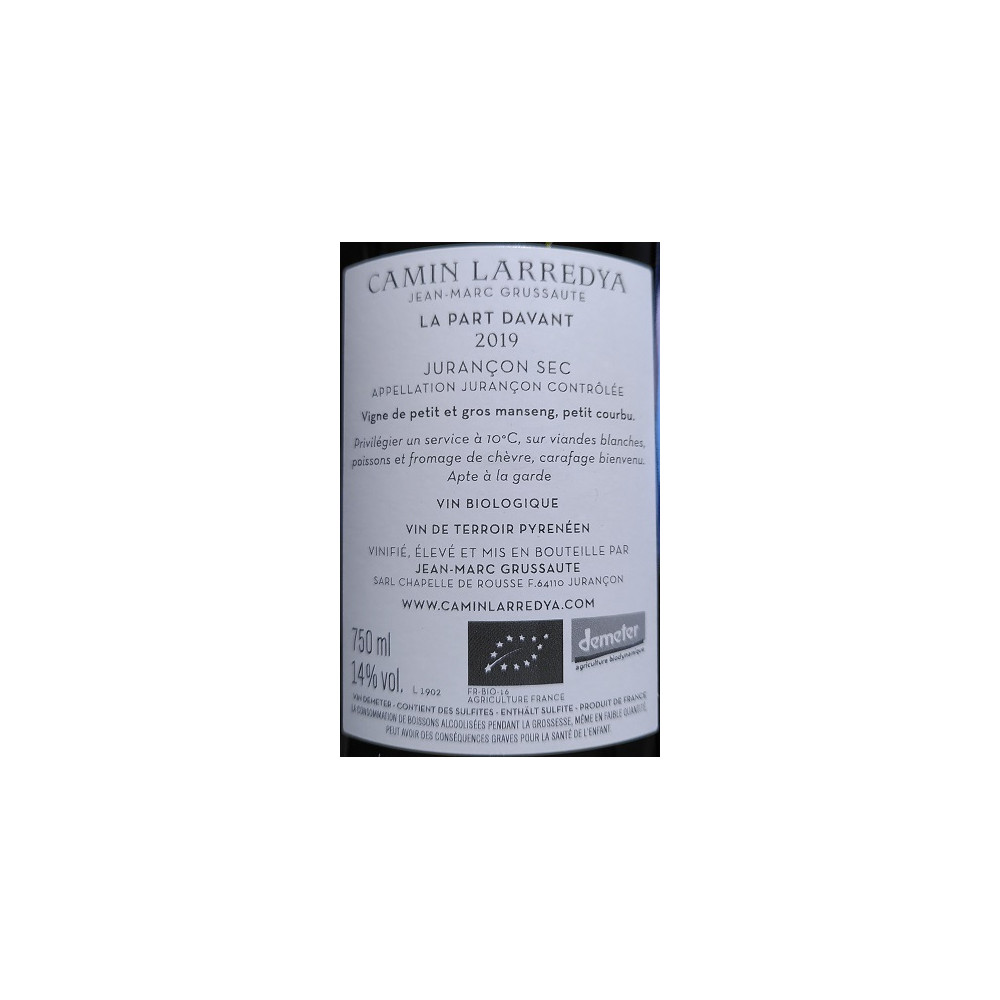 Domaine Camin Larredya Jurançon sec "La Part Davant" 2019 contre etiquette