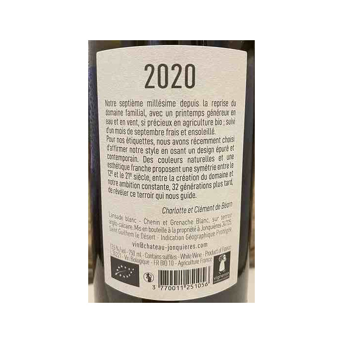 Château de Jonquières "Lansade" blanc sec 2020 Contre-étiquette