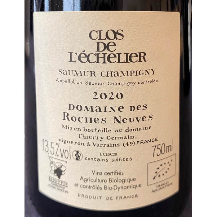 Domaine des Roches Neuves Clos de l'Echelier rouge 2020 contre étiquette