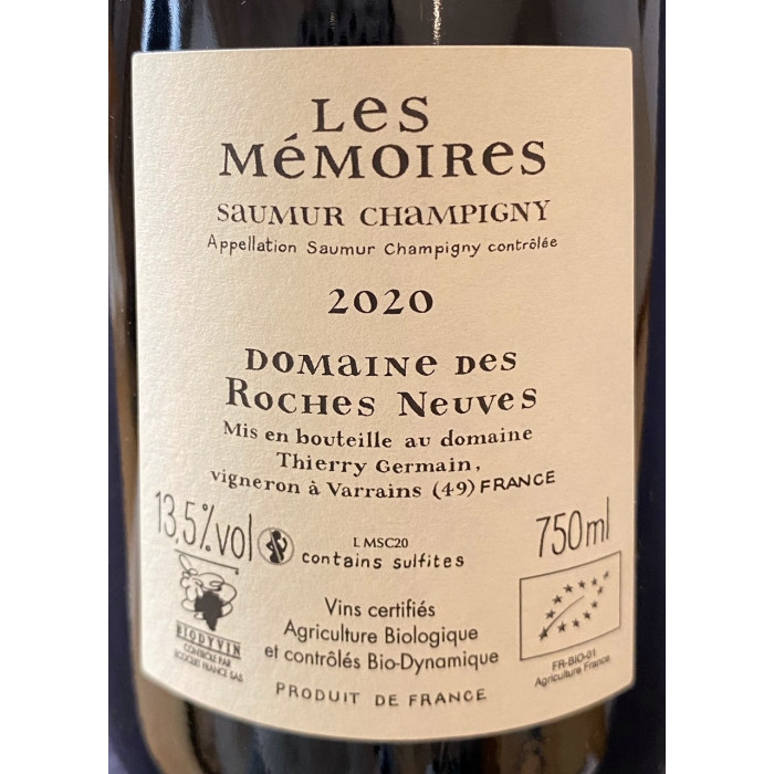 domaine des roches neuves saumur champigny les mémoires 2020 contre étiquette