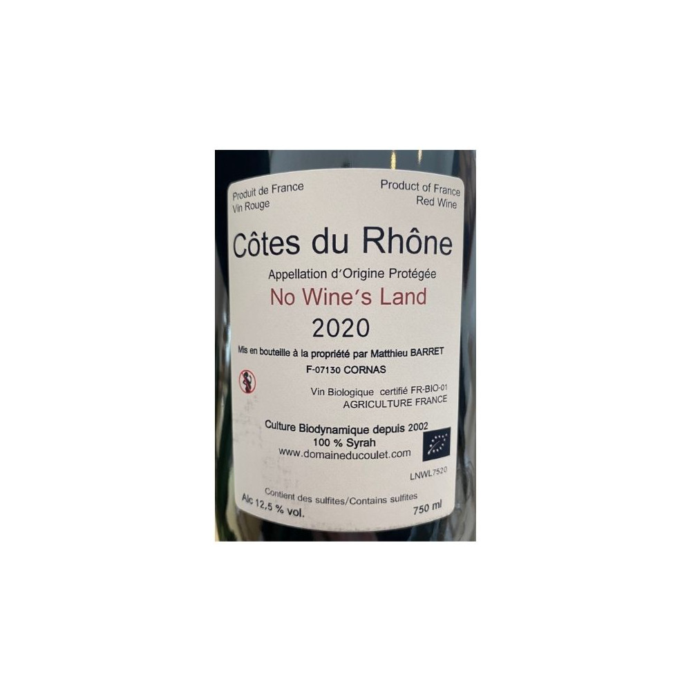 Domaine du Coulet Matthieu Barret Côtes du Rhône "No Wine's Land" rouge 2020 contre étiquette