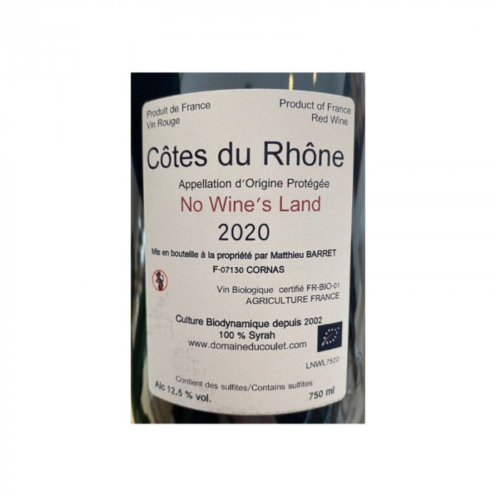 Domaine du Coulet Matthieu Barret Côtes du Rhône "No Wine's Land" rouge 2020 contre étiquette