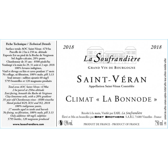 Bret Brothers La Soufrandière Saint-Véran "La Bonnode" blanc sec 2020 etiquette