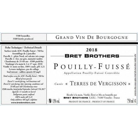 Bret Brothers Pouilly-Fuissé "Terres de Vergisson" blanc sec 2020 bouteille