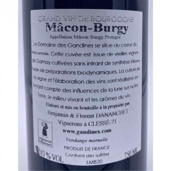 Domaine des Gandines Mâcon-Burgy rouge 2020 contre-étiquette
