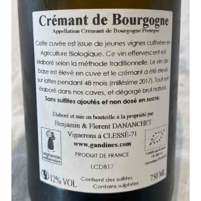 Domaine des Gandines Crémant de Bourgogne brut contre-etiquette