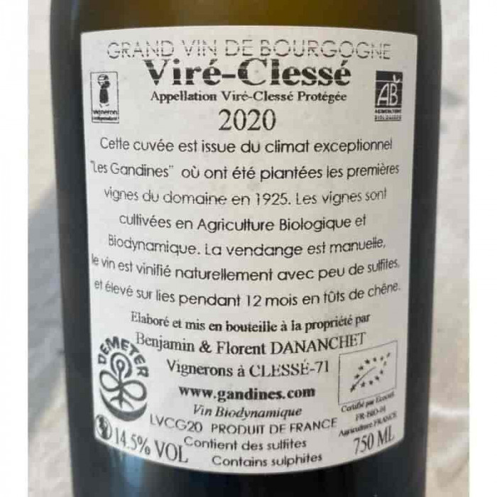 Domaine des Gandines Viré Clessé "Climat Les Gandines" blanc sec 2020 contre-etiquette