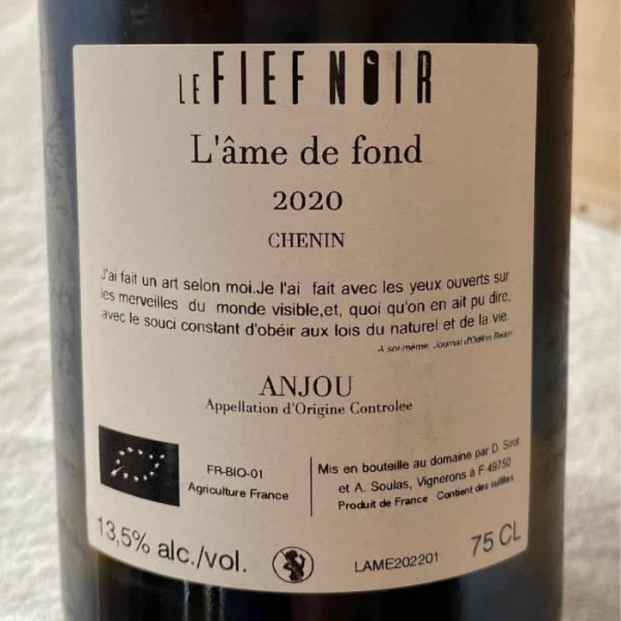 Le Fief Noir Anjou "L'âme de fond" (chenin) blanc sec 2020 contre-étiquette