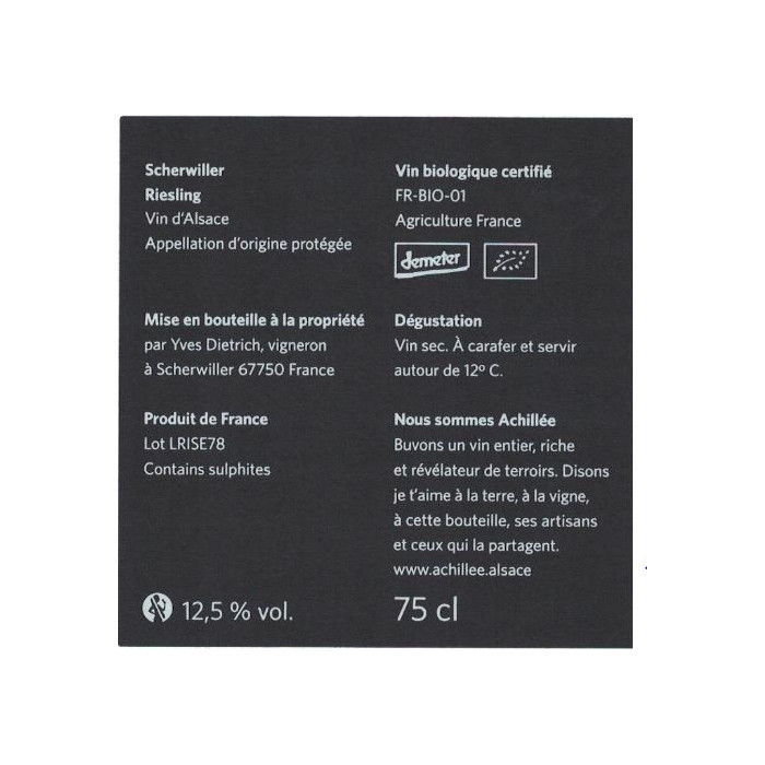 Domaine Achillée Alsace Riesling "Scherwiller" blanc sec 2020 contre etiquette
