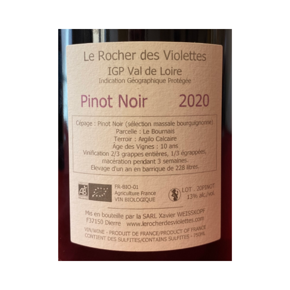 Le Rocher des Violettes "Pinot noir" rouge 2020 contre étiquette