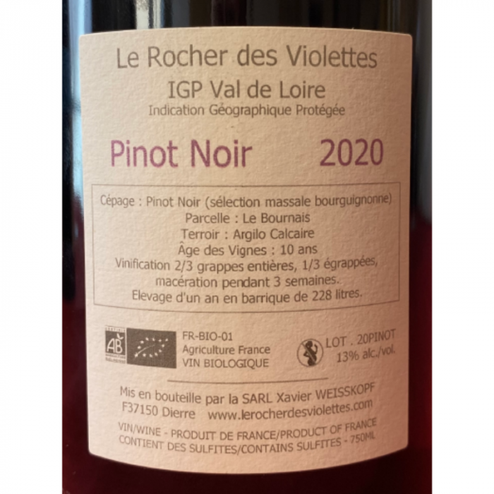 Le Rocher des Violettes "Pinot noir" rouge 2020 contre étiquette