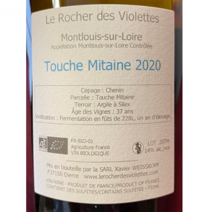 Le Rocher des Violettes Montlouis "Touche Mitaine" blanc sec 2020 contre étiquette