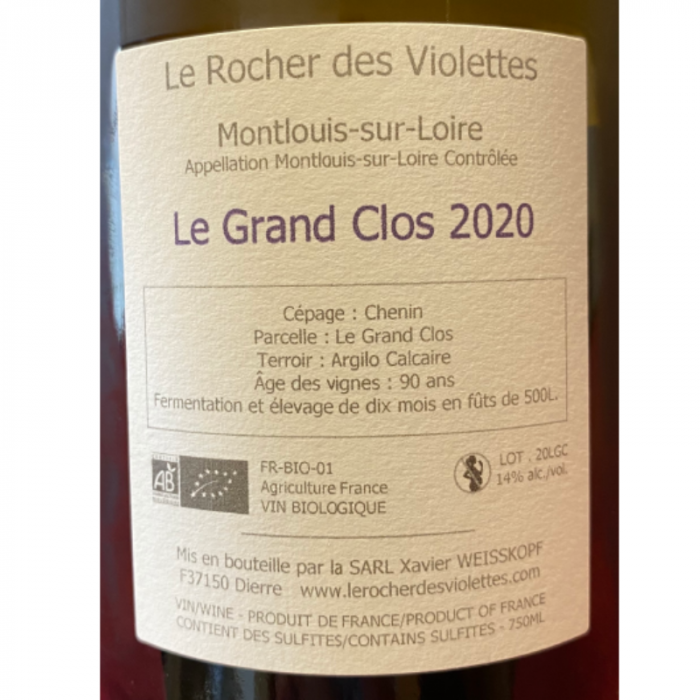 Le Rocher des Violettes Montlouis "le grand clos" blanc sec 2020 contre étiquette