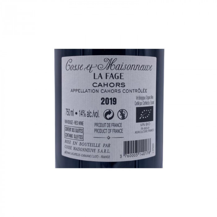 Domaine Cosse-Maisonneuve Cahors "La Fage" rouge 2019 contre étiquette
