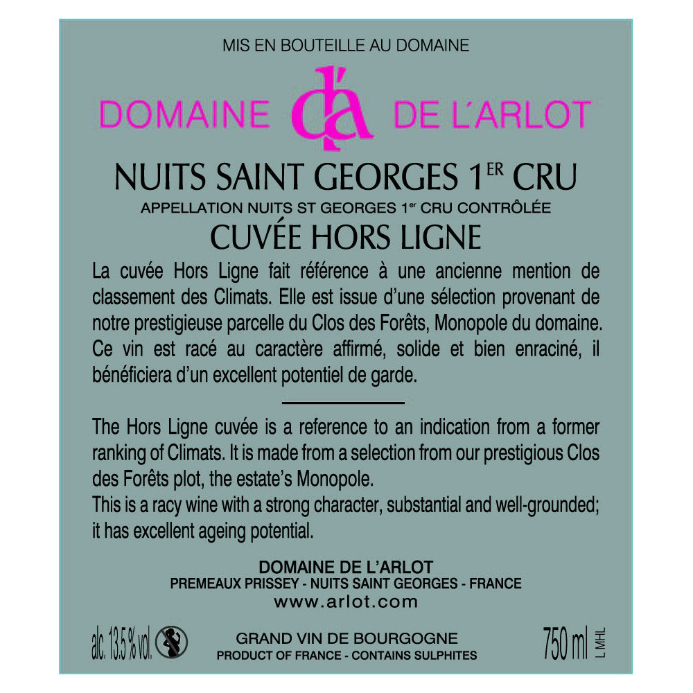 Domaine de l'Arlot Nuits-Saint-Georges 1er Cru "Hors Ligne" rouge 2017 contre etiquette