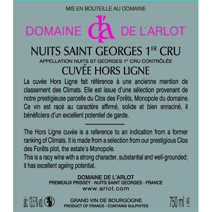 Domaine de l'Arlot Nuits-Saint-Georges 1er Cru "Hors Ligne" rouge 2017 contre etiquette