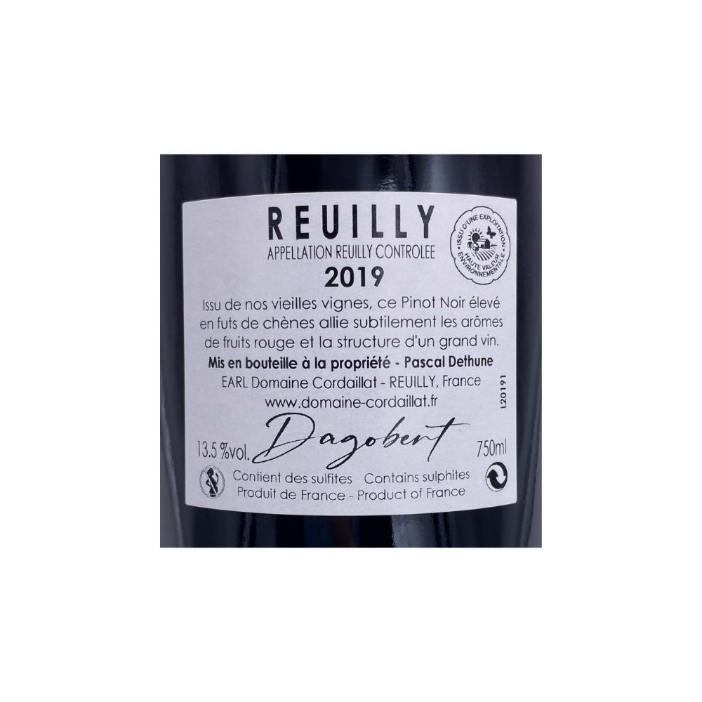 Domaine Cordaillat Reuilly "Dagobert" rouge 2019 contre étiquette