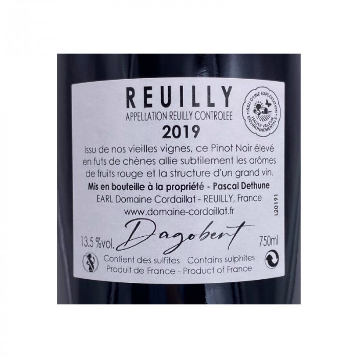 Domaine Cordaillat Reuilly "Dagobert" rouge 2019 contre étiquette